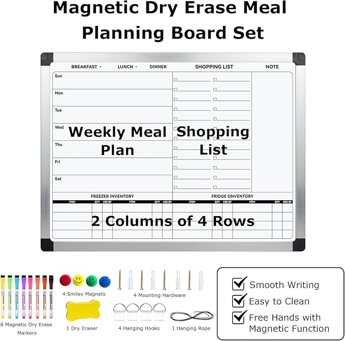EAONE Weekly Meal Planner & Whiteboard for Wall Double-Sided, 16 x 12 IN Magnetic Dry Erase Menu Board for Kitchen/Food Calendar/Grocery Shopping Lists, with 8 Markers & Eraser & 4 Magnets