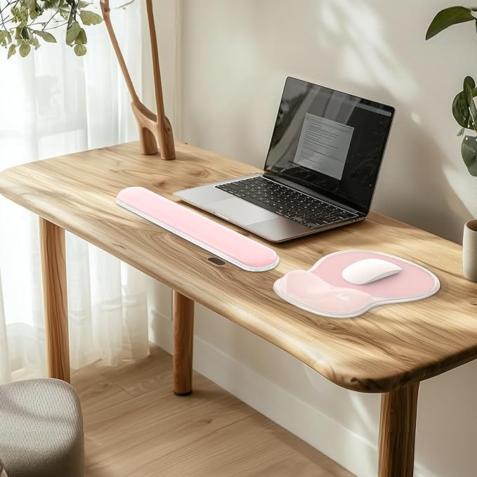 AKIT Ergonomic Mouse Pad with Wrist Rest& Keyboard Wrist Rest, Wrist Rest for Computer Keyboard, Pain Relief, Non-Slip Gel Base, Mousepad Wrist Support for Gaming, Office, Waterdrop Shaped Pink