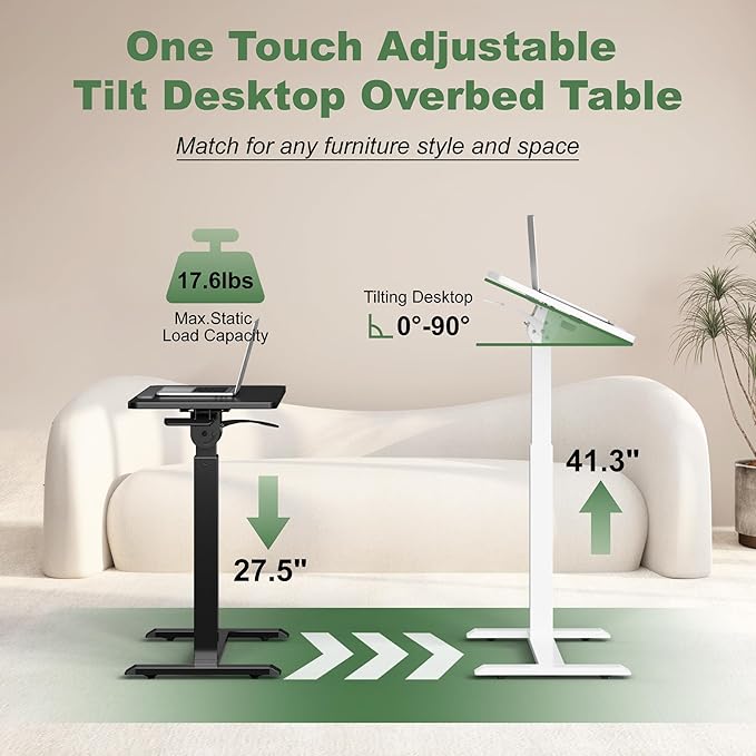 Adjustable Overbed Bedside Table - 90° Tiltable Mobile Standing Desk Portable Rolling Computer Cart Movable Desk for Laptop Bed Sofa Side Table Hospital Home Use(15.8" W x 31.5" D, Black)