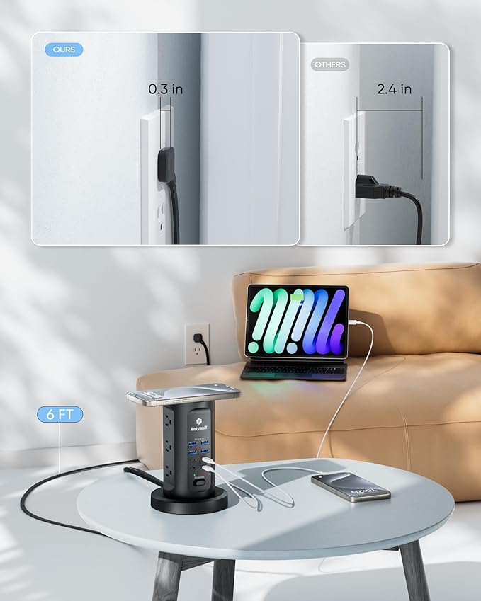 30W USB Charging Station, Surge Protector Power Strip Tower, 9 AC Outlets with 8 USB Ports(4 USB-C), 6Ft Flat Plug Retractable Extension Cord, for Home Office Dorm, Black