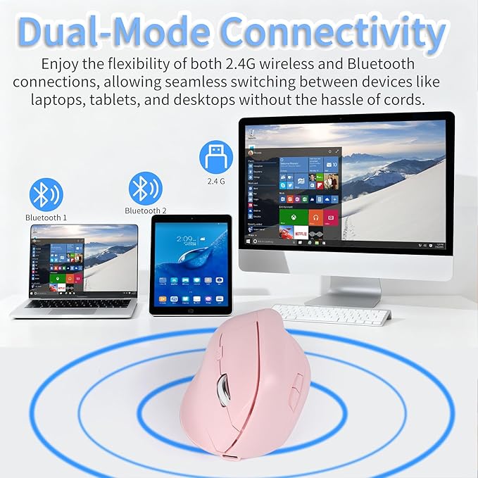 Bluetooth Wireless Vertical Mouse - Ergonomic Design, Rechargeable with Type-C, Silent Operation for Office and Home Use, Ideal for Professionals & Students (Pink)