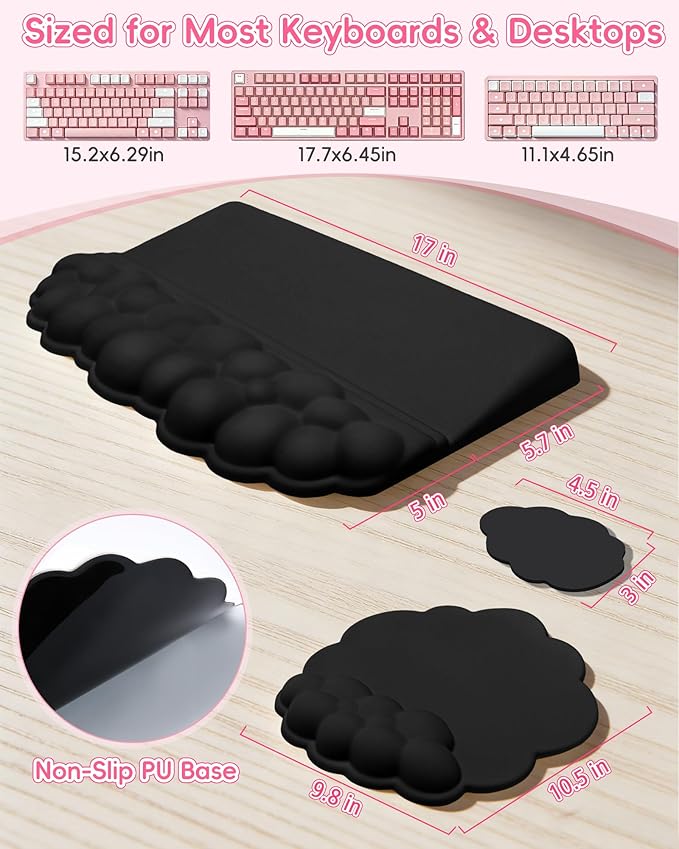 Cloud Wrist Rest Set for Keyboard and Mouse, 3-Piece Memory Foam Wrist Pad with Silky Lycra Surface, 2-in-1 Keyboard Wrist Rest & Stand, Two Typing Angles, Cute Cloud Desk Accessories (Classic Black)