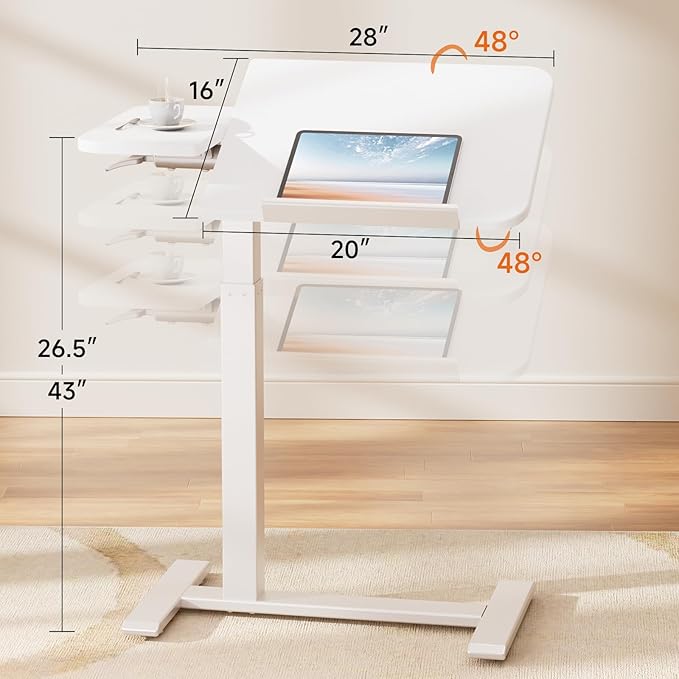 COMHOMA Tiltable Mobile Small Standing Desk, Pneumatic Adjustable Height Overbed Bedside Table with Wheels, Sit Stand Portable Rolling Laptop Desk Computer Workstations, White