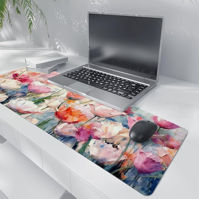 Pink Spring Tulip Floral Mouse Pad,Summer Flower Mouse Pads,Aesthetic Romantic Flower Desk Mat,Elegant Botanical Cottagecore Floral Desk Mat for Home Office Dorm Desktop Decor,31.5x11.8 Inch