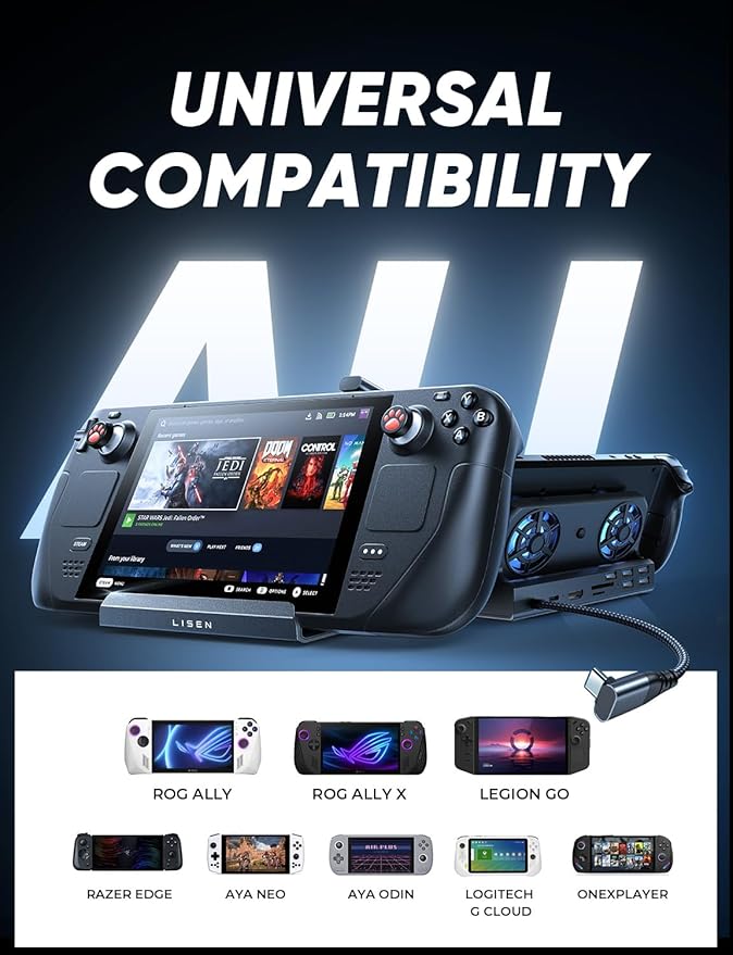 LISEN Docking Station for ASUS ROG ALLY X & Steam Deck & Lenovo Legion GO, Dual Cooling Fan [Zero Distraction] ROG ALLY Dock Station with 4K@60Hz,USB 3.0*3, PD100W and Ethernet Fit For Steam Deck OLED