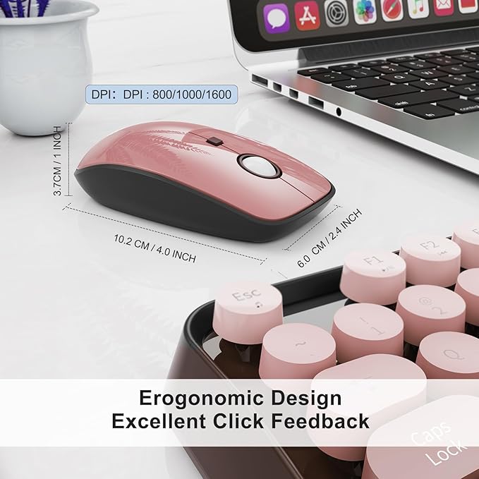 Wireless Keyboard and Mouse Combo, Retro Typewriter Style Keyboard with Cute Round Keycaps, 2.4GHz Bubble Creamy Keyboard for Long Nails, Clicky Mouse with 3 DPI for PC Computer Laptop Desktop (Black)