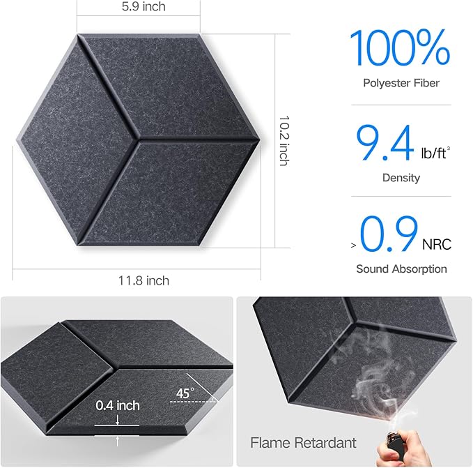 16 Pack Self-Adhesive Acoustic Panels 12" X 10" X 0.4" - Sound Proof Foam Panels for Wall with High Density, Y-Lined Design, Flame Resistant, Absorb Noise and Eliminate Echoes(Dark Gray)