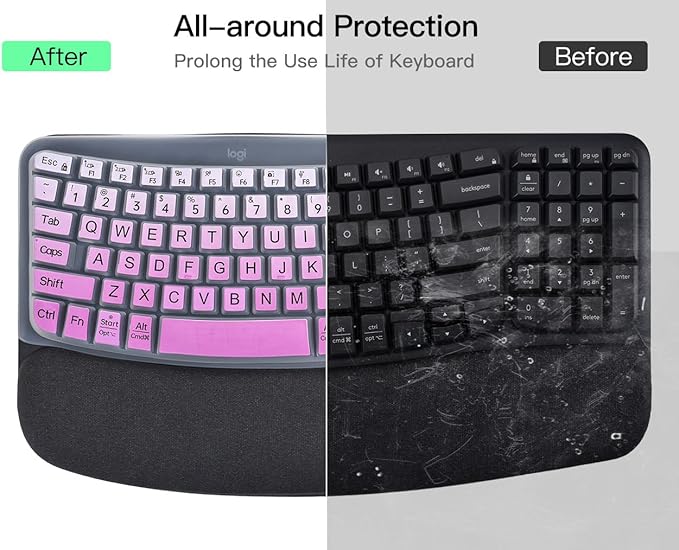Large Print Keyboard Cover Skin for Logitech Wave Keys MK670 Combo Keyboard Skin, Logitech Wave Keys Wireless Ergonomic Keyboard Cover Protector Skin Accessories, Ombre Purple