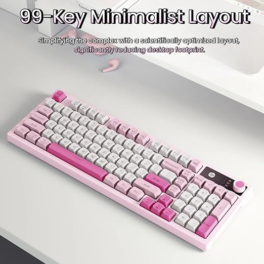 HP K500F Wireless RGB Keyboard, Tri-Mode (2.4G/BT/Wired), 99 Keys Membrane Keyboard with Volume Knob, 3000mAh Battery, Adjustable RGB Breathing Light, Round Keycaps, Windows Compatible, Pink