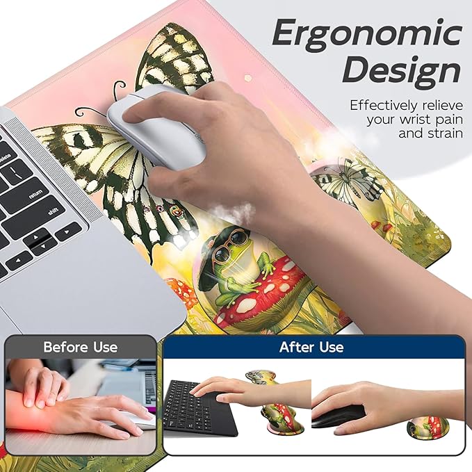 Gaming Mouse Pad Set Rose Gold Line Art Flowers Large Desk Mat Mousepad, Keyboard Wrist Support, Mouse Wrist Rest, Coaster 4in1 Ergonomic Memory Foam, Non-Slip Stitched Edge for Home Office