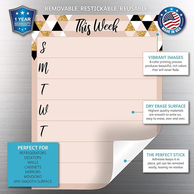 Dry Erase Weekly Calendar Planner Sticker Decal | Removable & Reusable | Magnetic Fine-Tip Marker Included (9 x 12 inches, Rose & Gold)