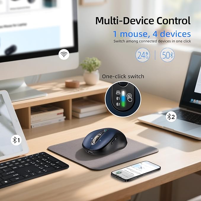 Bluetooth Wireless Mouse for Laptop,USB+BT×2,USB-C Charging,Quiet Multi Device Mouse,Metal 4-Way Super Scrolling,± 3200 DPI,10 Button,Plug&Play,Ergo Computer Cordless Mice,for iPad/Tablet/Mac/PC/Phone