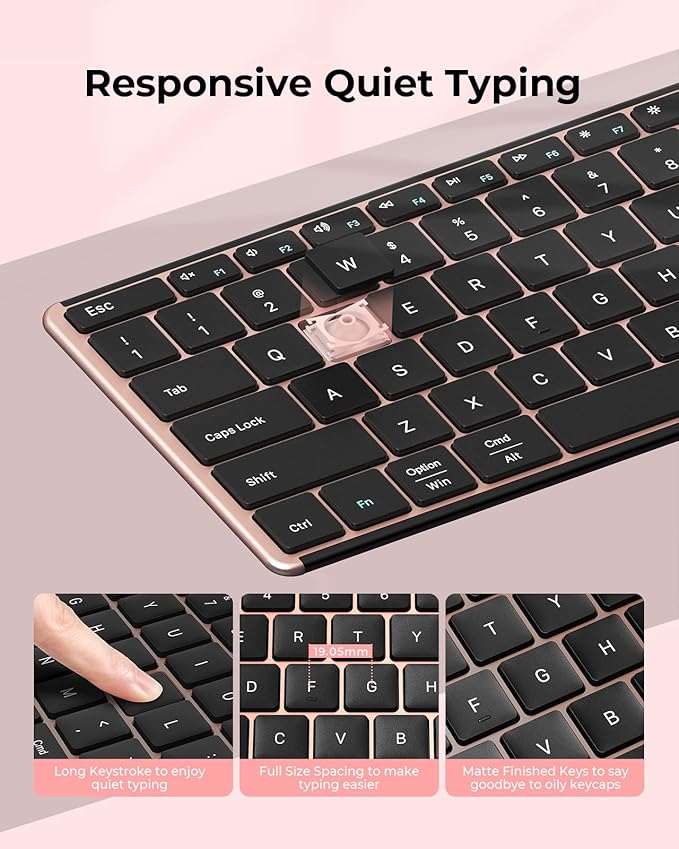 seenda Wireless Bluetooth Keyboard and Mouse Combo, SKM64-3 Rechargeable Slim Quiet Keyboard Mouse, 3 Multi-Device Connection, Compatible for Windows, Mac, MacBook, iPad, Tablet, Black Rose Gold