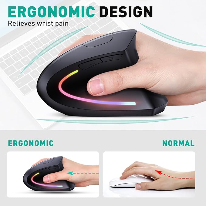 Bluetooth+USB A+USB C(3 in 1)Rechargeable Ergonomic Mouse, Wireless Vertical Design, 5 Adjustable Levels Up to 4800 DPI, 2.4G Carpal Tunnel Silent Mice for PC,Laptop,MacBook,Chromebook-Black
