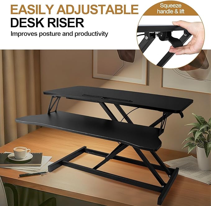 Standing Desk Converter 32” Height Adjustable Sit to Stand Up Desk Riser with Keyboard Tray for Home or Office, Dual Monitor and Computer Workstation Wide 2-Tier Desktop, Black