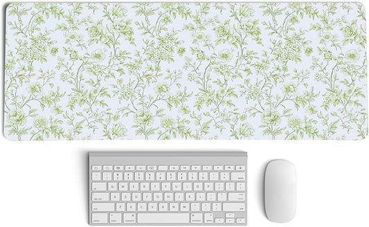 Sage Green Chinoiserie Mouse Pad,Vintage Light Green Floral Desk Mat,XL Large Vintage Flowers Preppy Mouse Pad,Girly Laptop Desk Mat for Dorm Home Office Decor,31.5x11.8 Inch