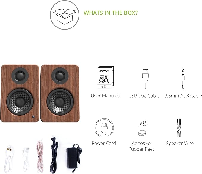 Kanto YU2 Powered Desktop Computer Speakers | 3" Drivers 3/4" Silk Dome Tweeter | 50 W RMS | Built-in USB DAC & AUX Input | Sub Out | Pair | Walnut