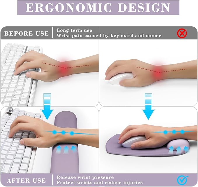 Wrist Rest for Keyboard and Mouse, Ergonomic Gel Computer Keyboard Wrist Rest with Memory Foam, Keyboard Wrist Support Pad for Long Hours of Work, Gaming, Studying-Relieve Wrist Pain (GD-Purple)