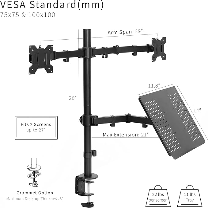 VIVO Laptop and Dual 13 to 27 inch LCD Monitor Stand up Desk Mount, Tall Adjustable Stand, Fits Laptops up to 17 inches, Black, STAND-V012J