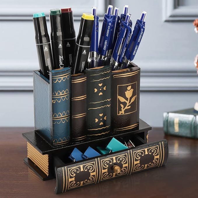 Tosnail Decorative Pen Holder with Storage Drawer, Wooden Pencil Holder Organizer, Antique Library Books Design Pen Cup Caddy, Desk Organizer for Office Supplies, Countertop, Desk, Table Accessory