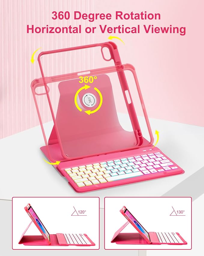Case with Keyboard Mouse for iPad A16 11th 10th Generation 11/10.9 inch,Rainbow Backlit Detachable Keypad Rotatable Magnetic Cover Pencil Holder for iPad 11 2025 10 Gen 2022 Watermelon Red