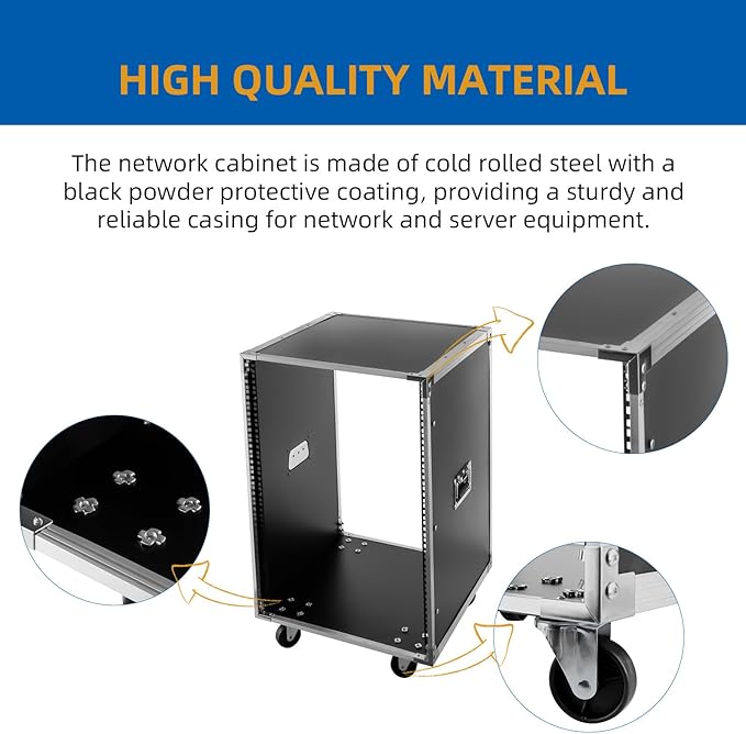 Portable Rolling Network Rack, 19 Inch 16U 4 Post Server Rack Open Frame Rolling Network Data Rack w/Casters, Metal Studio Rack Cabinet for Audio Video, Telecom, Equipment