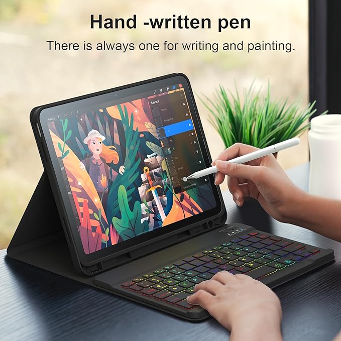 iPad 11th 10th Generation Case with Keyboard 10.9 Inch 2022 Detachable Wireless 7Colors Backlight Keyboard Case with Pencil Holder for and Magnetic Disc Universal Stylus Pen New iPad 10th Gen Black