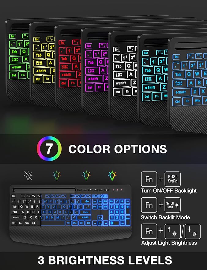SABLUTE Wireless Keyboard and Mouse Combo, 9 Backlit Effects, Large Print, Wrist Rest, Phone Holder, 2.4G Lag-Free Ergonomic Keyboards, KM22 MAX Rechargeable Easy to See Set for Computer, Laptop, PC