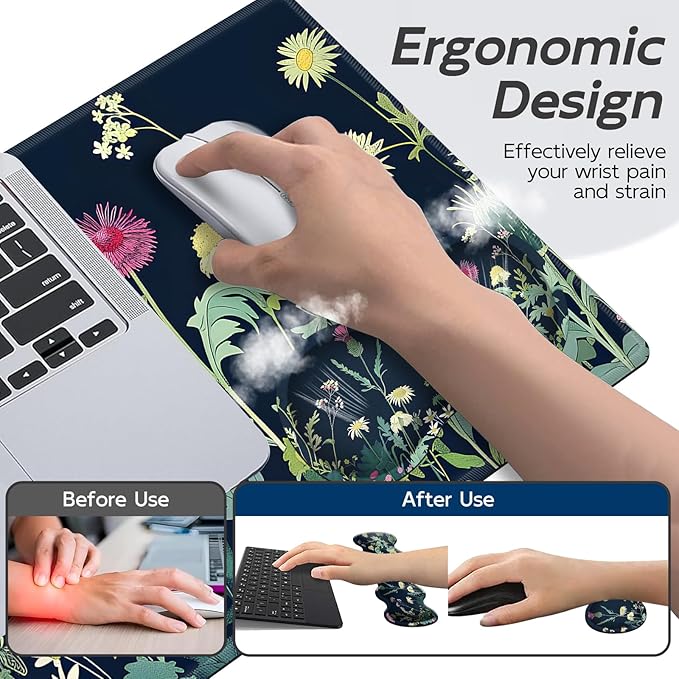 Gaming Mouse Pad Set, Wildflowers Illustration Large Desk Mat Mousepad, Keyboard Wrist Support, Mouse Wrist Rest, Coaster 4in1 Ergonomic Memory Foam, Non-Slip Stitched Edge for Home Office