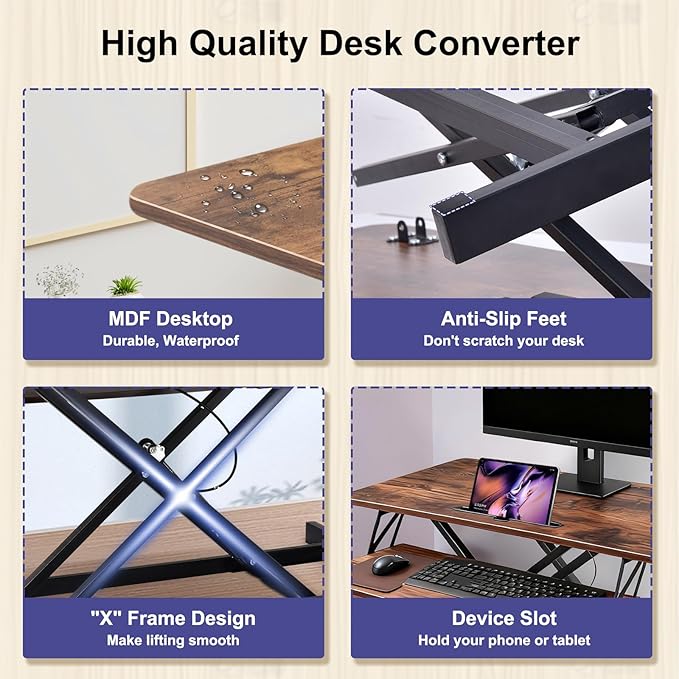 38-Inch Height Adjustable Standing Desk Converter, Duals Monitor & Laptop Riser with Wide Keyboard Tray, Sit to Stand Ergonomic Workstation for Home Office, School, Business, Tiger Brown