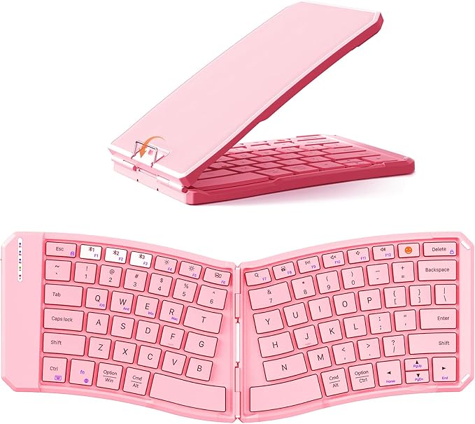 MEETION Ergonomic Foldable Bluetooth Keyboard, Split Compact Portable Keyboard for Business Travel, Ultra-Thin Folding Rechargeable Wireless Keyboards for iOS Android Windows Mac Tablet PC, Pink
