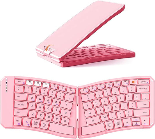 MEETION Ergonomic Foldable Bluetooth Keyboard, Split Compact Portable Keyboard for Business Travel, Ultra-Thin Folding Rechargeable Wireless Keyboards for iOS Android Windows Mac Tablet PC, Pink