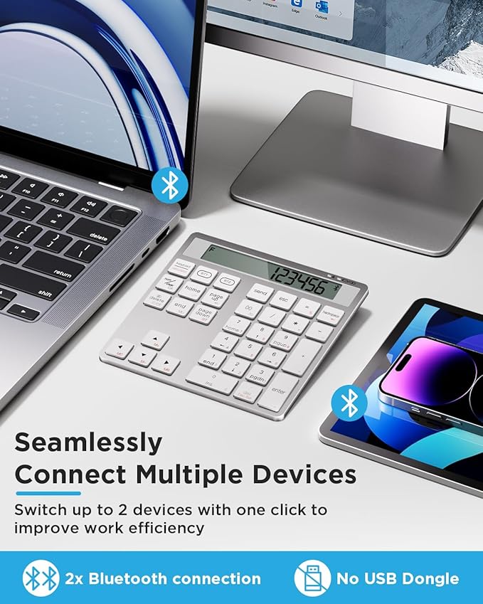 HoRiMe Number Pad for Laptop - Rechargeable Wireless Number Keypad 34 Keys with Dual Bluetooth, 2 in 1 Numeric Keypad Calculator with Display - Portable Slim Numpad for Windows, Mac, iMac, PC, Tablet
