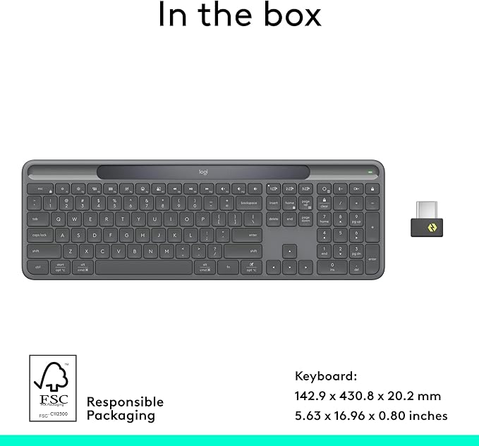 Logitech Signature Slim Solar+ Wireless Bluetooth Keyboard K980 for Business, Quiet Typing, Secure Receiver, Windows, Mac - Graphite