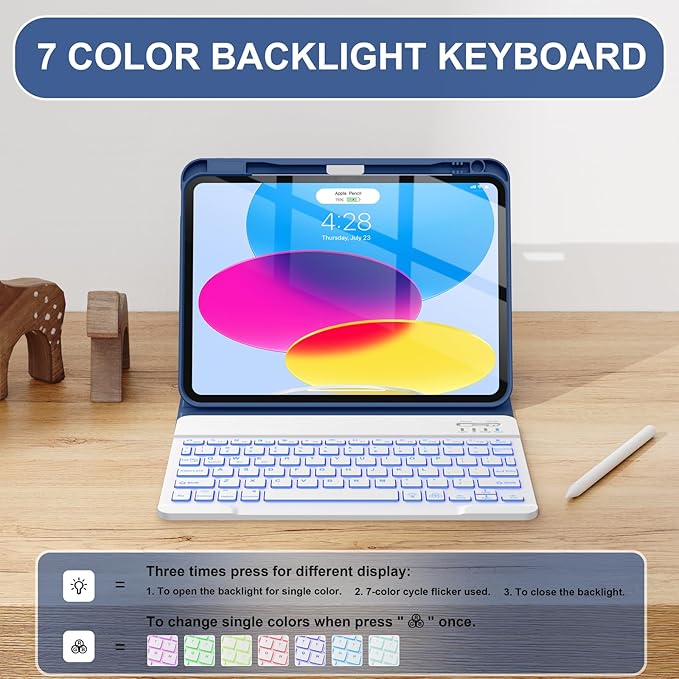 Soke for iPad (A16) 11th/10th Generation Case with Keyboard(2025/2022)-7 Color Backlight Wireless Detachable Folio Keyboard Cover with Built-in Pencil Holder for iPad 11/10.9 inch, Ocean Marble