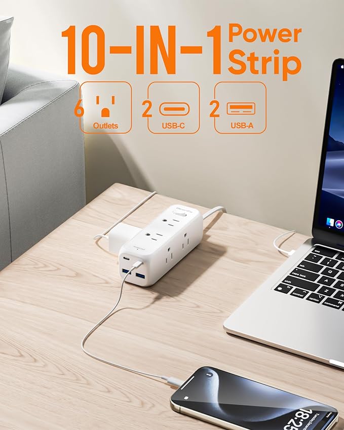 Flat Plug Power Strip with 6 AC Outlets 4 USB Ports, 2000 Joules Surge Protector, 3FT Flat Extension Cord, Home Office Travel Dorm Room Essentials