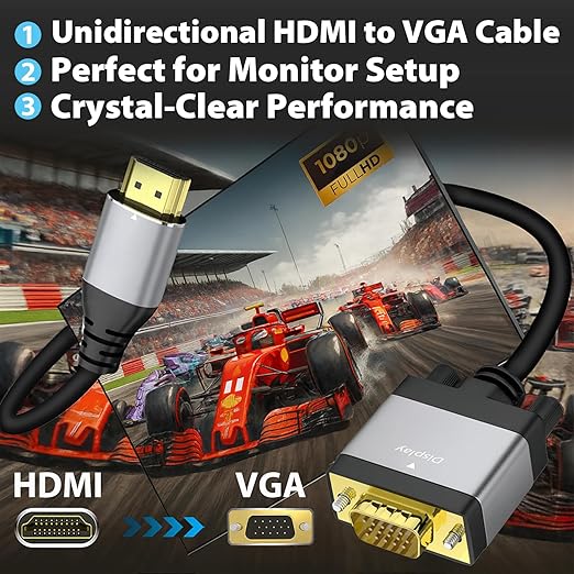 HDMI to VGA Cable 6ft, Adapter Cord with Secure Latch and IC Chip – Plug & Play HDMI to VGA Converter Cable for Monitor, Projector, PC, Laptop, Desktop, Xbox, PS3, 1080P 60Hz