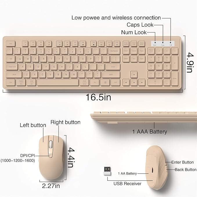 Wireless Keyboard and Mouse Combo, Full-Size 104-Key Office Keyboard with 15 Function Keys, Numeric Keypad, Single USB Receiver, Compatible with PC and Laptop(Milk-Tea Only)