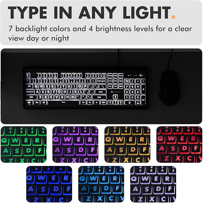 X9 Performance Wired Keyboard and Mouse Combo - Easy to See Backlit Large Print Keyboard Mouse for PC and Windows with 107 Light Up Keys, 7 Color LEDs, USB Wired, 4 DPI Modes