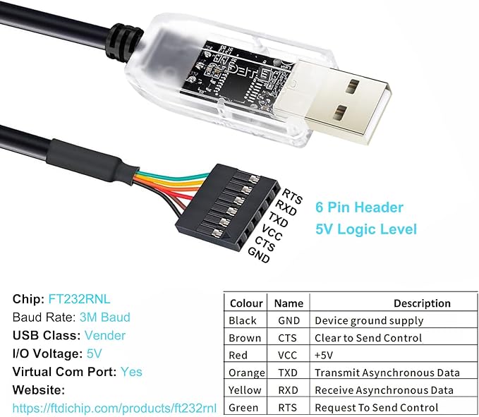 DTECH USB to TTL Adapter FTDI Chip 5V 6 Pin USB to UART Debug Cable FT232RNL IC Serial Converter 6ft LED Indicators Output 5 Volt for Windows 11 10 8 7 XP MAC Linux Easy Debugging and Programming
