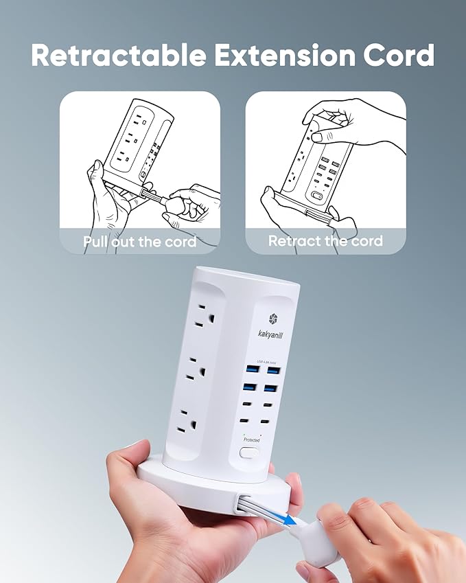 30W USB Charging Station, Surge Protector Power Strip Tower, 9 AC Outlets with 8 USB Ports(4 USB-C), 6Ft Flat Plug Retractable Extension Cord, for Home Office Dorm, White