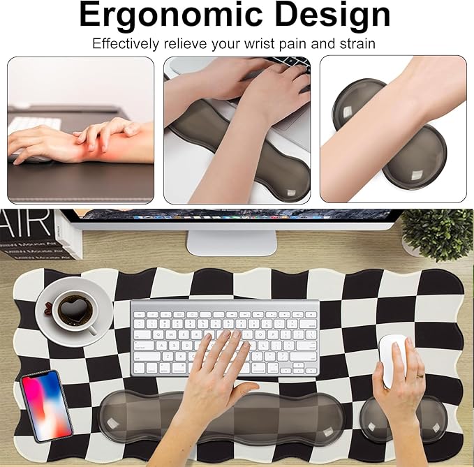 L-SPOUTTO Black Checkered Mouse Pad Set,Scalloped XXL Desk Mat + Ergonomic Mouse Wrist Rest + Gel Keyboard Wrist Rest for Keyboard 65%/75%,3in1 Large Desk Pad for Desktop Home Office Computer Game