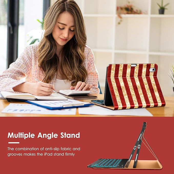 VIKESI Keyboard Case for iPad (A16,2025) 11th Generation/iPad 10th Generation Case (10.9" 2022),Premium Leather Smart Cover,Built-in Breathing Light,Function Row,Pencil Holder,Card Slots - US Flag