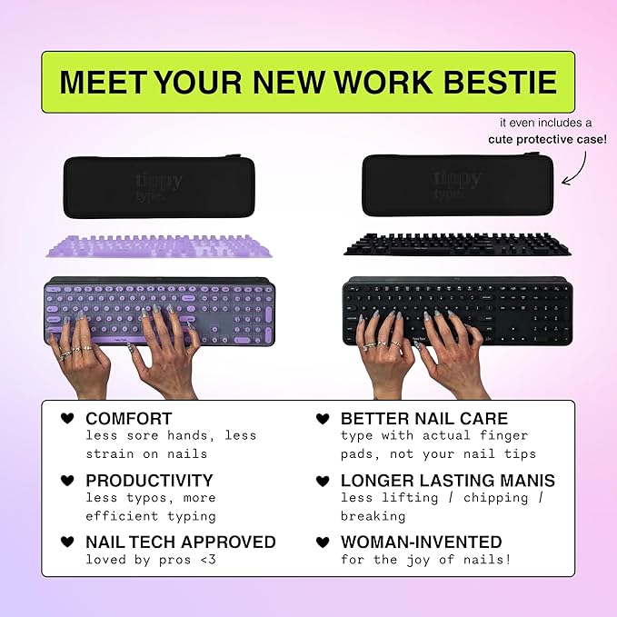 TIPPY TYPE Raised Keyboard Cover for Long Nails – Fits Logitech MX Keys S Full-Size Keyboard - Silicone - The Original - Comfortable Typing, Quiet, Nail Protection (Violet Haze)