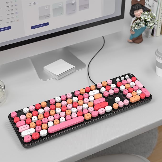 MOFII Computer Keyboards Wired, Plug Play USB Full Size Typewriter Keyboard, Cute Colorful Aesthetic Keyboard with Foldable Stands for Windows PC Laptop (Black Colorful)