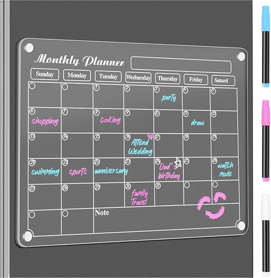 DIYMAG Magnetic Calendar for Refrigerator Dry Erase Whiteboard 15.2"x11.2" Magnet Fridge Monthly White Board Planning Acrylic Clear Chalkboard Apartment Decor Meal Planner with 3 Colors Markers