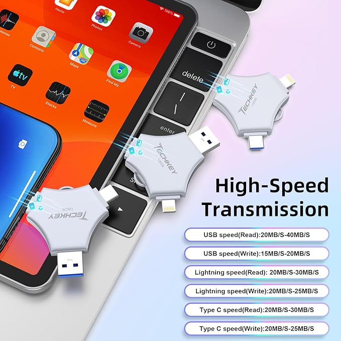 MFi Certified USB 3.0 Flash Drive 128GB for iPhone, 3in1 External Memory Photo Keeper Storage Stick for Picture/Video/Data Saver/Backup, High Speed Thumb/Jump/Hard Drives for iPhone/iPad/Android/PC