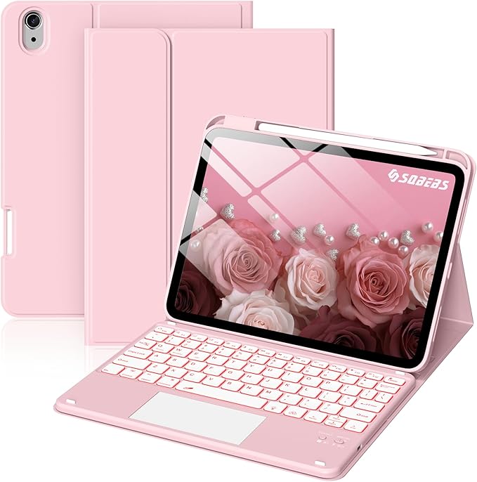 for iPad A16 11th 10th Case with Keyboard: Backlit Keyboard Case with Trackpad & Pencil Holder, Magnetic Detachable for Students Daily Learning & Note-Taking, Baby Pink
