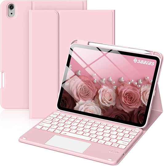 for iPad A16 11th 10th Case with Keyboard: Backlit Keyboard Case with Trackpad & Pencil Holder, Magnetic Detachable for Students Daily Learning & Note-Taking, Baby Pink