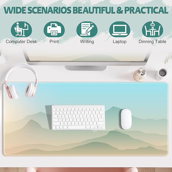 Desk Mat for Keyboard and Mouse, Large Non-Slip Mouse Pad Keyboard Pad, Computer Mats for Desktop, Cute Desk Pad with Stitched Edges for Office, Gaming I Green Mountains